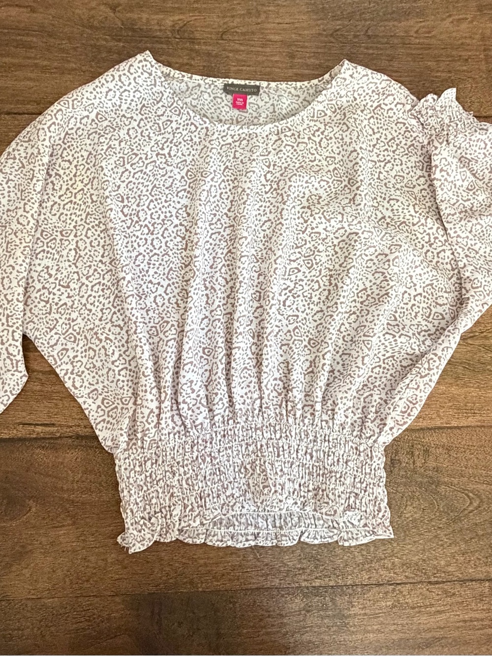 Vince Camuto White & Taupe Smocked Waist Leopard Print Blouse.